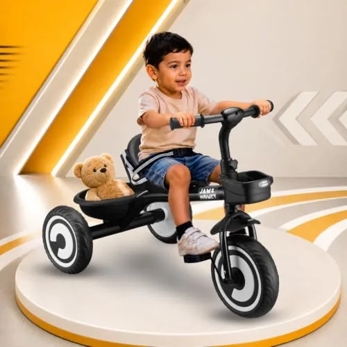 Amazon Brand - Jam & Honey | Kids Tricycle | Red | 2-Point Safety Harness | Ergonomic Seat | Mild-Steel Frame | Front Basket & Rear Storage Tray | Ages 2+ Years