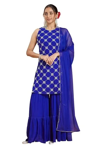 Janasya Women's Royal Blue Georgette Zari Embroidered Straight Kurta with Sharara & Dupatta Set (JAB25SS02700-RE-JA-L)