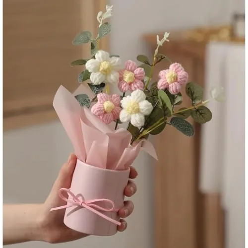 Knitted Yarn Artificial Botanical Flower Pot Table Decor Arrangement