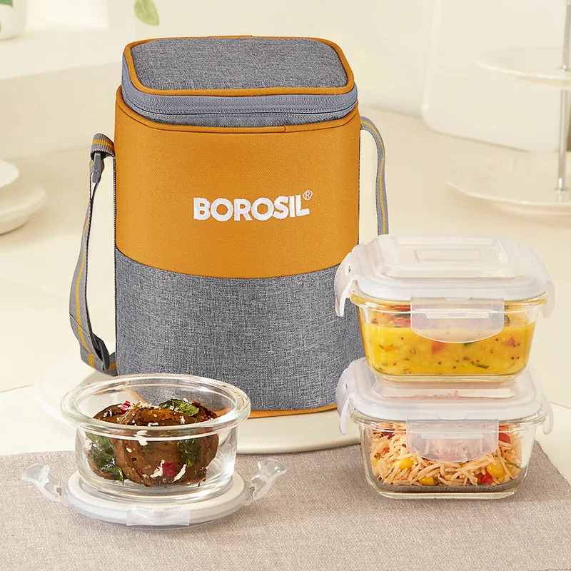 BOROSIL Zest Borosilicate Glass Lunchbox, 3pc Set (320ml x 2 + 240ml x 1), Office Tiffin 3 Containers Glass Office Lunch Box 880 ml