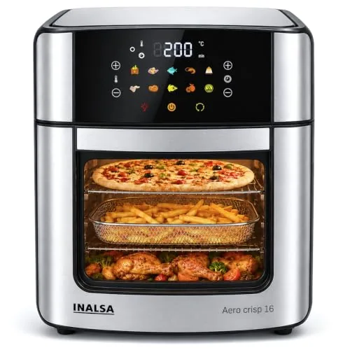 INALSA Air Fryer Oven|16L, 1800W|Stainless Steel Body12-in-1 Functions,Fry,Bake,Grill,Dehydrate,Roast& Reheat|10 Preset|Rotisserie & Convection|Dishwasher Safe Accessories|2Yr Warranty,Aero Crisp 16