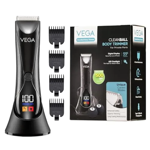 VEGA Cleanball Full Body Trimmer for Men|Private Parts, Pubic Hair, Balls, Manscaping, Body Multi-Purpose|IPX5 Waterproof|No Nicks or Cuts|90 Min Non-Stop Runtime|Fast Charge, 2 Year Warranty, VHTH-33