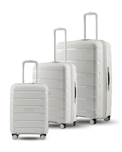 SNITCH Layer 3Pc Set Light Grey Polypropylene Hard Travel Suitcase - Suitcase for Travel Set of 3 & Luggage with 8 Wheels, Premium Lock, Wet & Dry Pouch & Free Shoe Bag