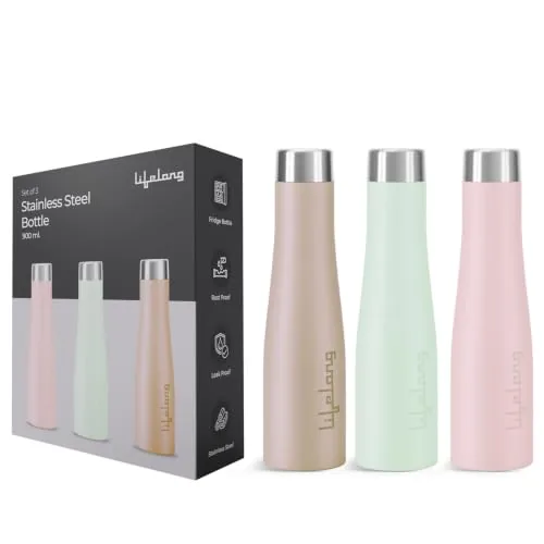 Lifelong Stainless Steel Water Bottle 900ml | Leak-Proof, Rust-Free, Odour-Free & Easy-to-Clean Bottles | Durable Travel, Gym, School & Office Water Bottles with Secure Cap (Pack of 3)