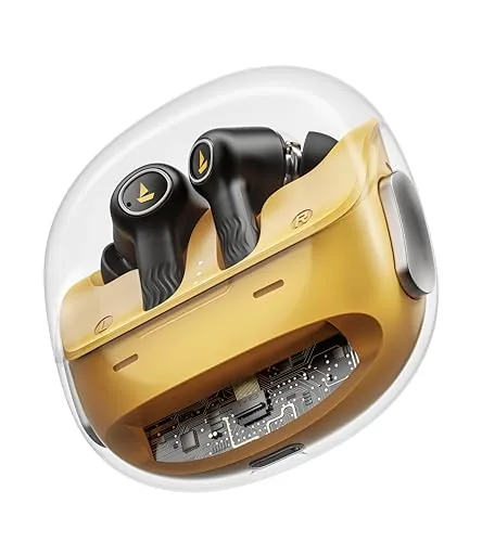 boAt Nirvana Crystl, Transparent Case,Spatial Audio, ANC(~32dB), 100Hrs Battery,4Mics ENx,App Support, Bluetooth Earbuds, TWS Ear Buds Wireless Earphones with mic (Yellow Pop)
