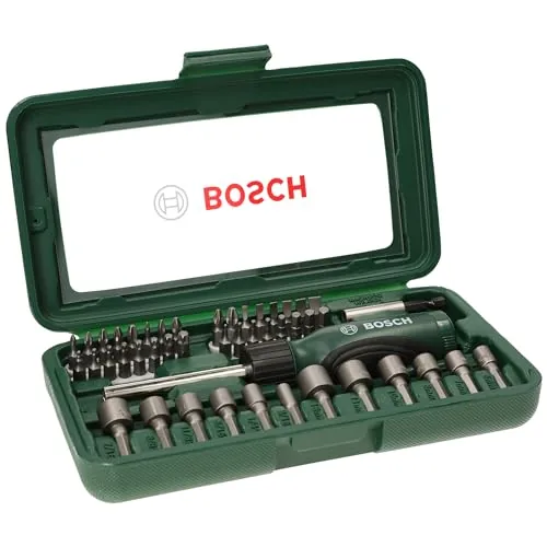 BOSCH 46-Piece Screwdriver Bit Set, 46 Pieces - 32 Screwdriver Bits, Nut-setters in 12 Sizes, Magnetic Universal Holder, Rachet Screwdriver, Green, Hard Case