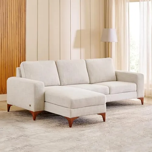 Home Centre | Quebec Fabric 3-Seater Sofa with Left Chaise | Sofa for Living Room | Solid Wood | Beige | 1 Year Warranty