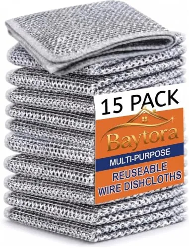 BAYTORA Non Scratch Wire Dish Cloth (Pack of 15), Steel Scrubber for Utensils Cleaning, Multipurpose Wet and Dry Cleaning, Stainless-Steel Dish Wash Scrubber for Washing Dishes, Sinks, Counters