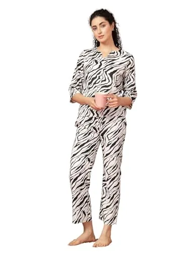 Unifringe Night Suit for Women's| Zebra Printed Cotton Night Dress| 3/4 Sleeves Shirt and Pajama Set(Black & White-L)