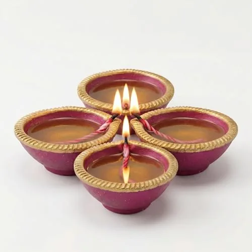 Pure Source India Traditional Handmade Earthen Clay Big Size Diya for Laxmi Poojan, 4 Pieces | Elegant Blue Color (4 Pieces) – Premium Terracotta Akhand Jyot for Diwali, Puja & Festive Decor (Pink)