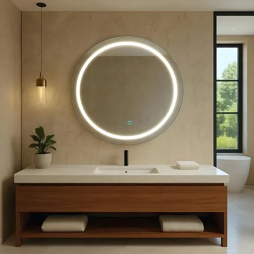 Amazon Basics Round Glass | 24 X 24 Inch Wall-Mounted LED Mirror with Smart Sensor | 3-Color Light (Warm, White, Natural)