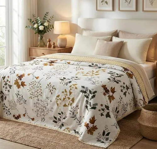 VAS COLLECTIONS Cotton AC Blanket for Single Bed (152 x 225 cm) | Reversible Soft Lightweight All-Season Blanket | Skin-Friendly & Breathable Comforter (Golden Leaf Garden)