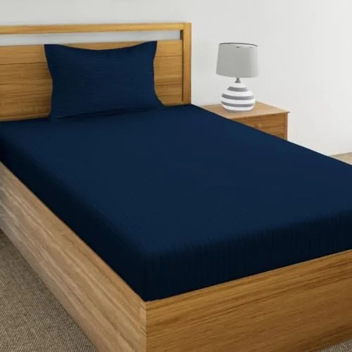 IVAZA 220 Cotton Feel Glace Cotton 1 Single Bedsheet with 1 Pillow Cover (90X60 Inch) Navy Blue