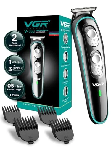 VGR V-055 Professional Hair Trimmer for Men | Cordless & Corded Beard and Hair Clipper | Adjustable T-Blade | 4 Guide Combs | 120-Minute Runtime | USB Charging | 1+1 Year Warranty (Black)