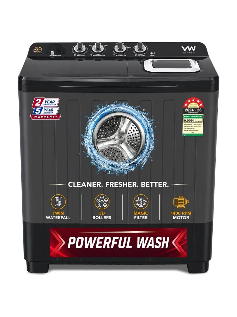 VW 10.5 kg Semi Automatic Top Load Washing Machine Black