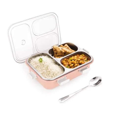 ATTRO Bento 3 Compartment Stainless Steel Lunch Box with Steel Cutlery Inside, Heating & Water Insulation Design Use for Office, School & Travelling, 750 Ml - Pink