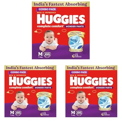 Huggies Complete Comfort Wonder Pants | Pant Style Baby Diapers Medium Size (M), 100 Count | India's Fastest Absorbing Diaper, Prevents Diaper Rash, Ideal for 7 to 12 Kgs (50 Count, Pack of 6)