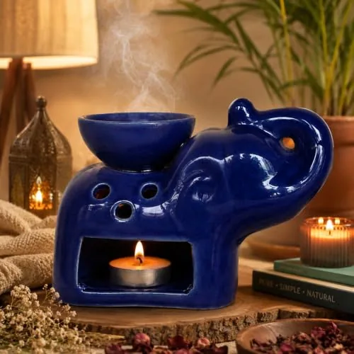 Pure Source India Ceramic Elephant Shape Aroma Oil Burner – Decorative Tealight Diffuser for Home Fragrance, Essential Oils & Aromatherapy (Blue)
