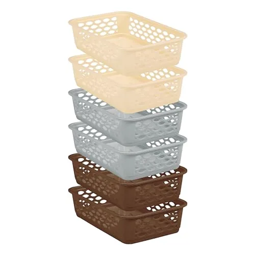 RATAN PLASTICWARE Diana Tray for Storage (Medium)-Pack of 6 (Brown&Grey&Beige) | Desk Basket/Organizer for Staitionary, Jwellery, Tool, Cabinet Organizer for Bedroom/Washroom/Kitchen/Office