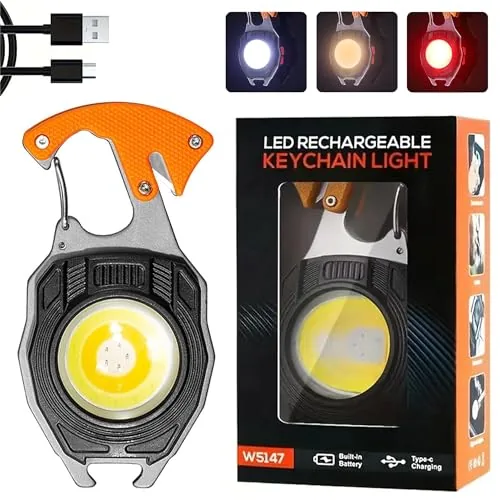KLIFFOO Keychain LED Flashlights, Rechargeable Flashlight Torch 7 Light Modes with Lighter,Whistles,Screwdriver,Bottle Opener,Magnet Base Multifunction Emergency Use COB Light for Camping Outoor
