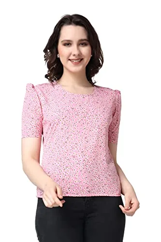 POPWINGS Casual Printed Puff Sleeves Round Neck Top for Women || Stylish Latest Summer Tops for Women || Hip-Length Women Top Light Pink