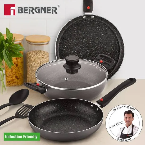 BERGNER Sherry Plus 5-Layer Non-Stick Cookware Set 6 Pcs with Detachable Handle - Induction Bottom Non-Stick Coated Cookware Set Aluminium, 6 - Piece