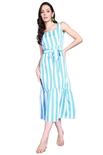 POPWINGS Women Casual Sky Blue & White Stripe Long Belt Dress Dress | Stylish Dress | Trendy Dress