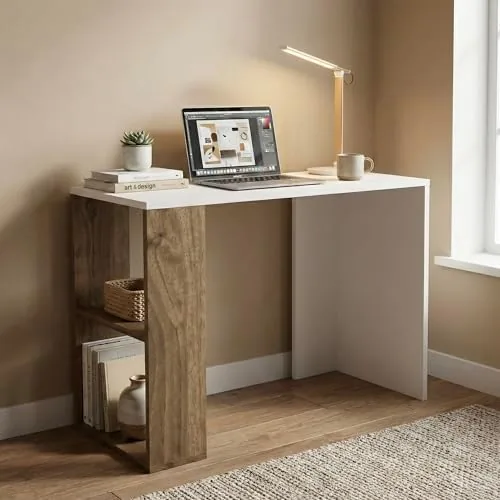 Andca Strata Compact Computer Desk with Built-in 2-Tier Bookshelf, Space-Saving Modern Study Table & Workstation for Home Off