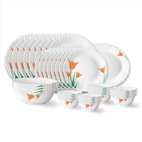 Larah by Borosil Firefly Fluted Series Opalware Dinner Set | 36 Pieces for Family of 8 | Microwave & Dishwasher Safe | Bone-Ash Free | Crockery Set for Dining & Gifting | Plates & Bowls | White