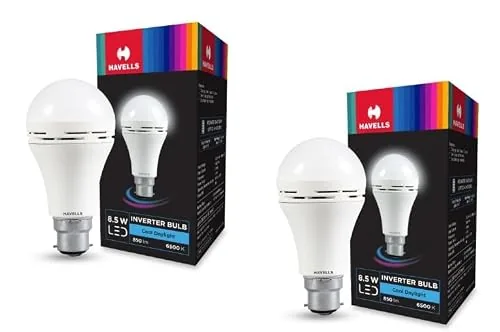 Havells 8.5w LED Emergency Bulb | Shatter Resistant |Cool Day White (6500K) | B22 LED Bulb Base | Inverter Bulb for home,3 Hours battery back up| Li-ion Battery | Over charging Protection (PACK OF 2)