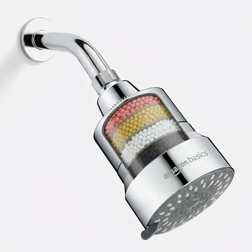 Amazon Basics Filtered Shower Head with 5 Spray Modes | Water Softener | ABS Material | Chrome Finish | 15.3L x 9.6W cm
