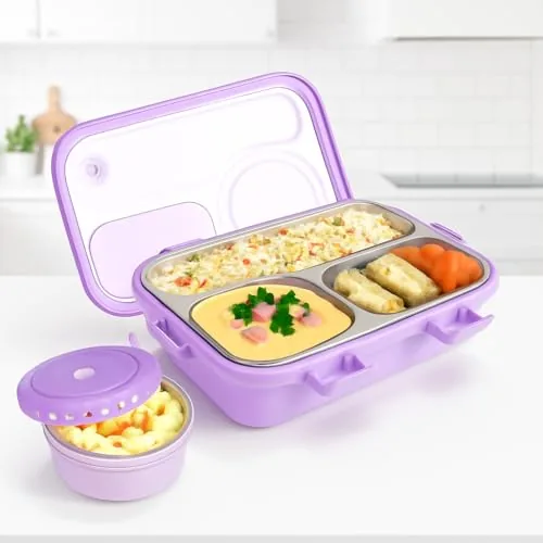 Storio Lunch Box 3 Compartments 750ml | Leak-Proof BPA-Free Stainless Steel Lunchbox for Kids, School & Office | Tiffin Box with Extra Small Container | Durable & Easy to Clean - Purple