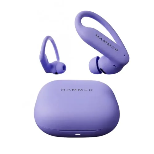 HAMMER KO2 Sports TWS Earbuds for Running & Gym Workout - Secure Ear Hooks, Active Noise Cancellation, 80 Hours Battery, Bluetooth 6.0, Type-C Fast Charging (Purple)