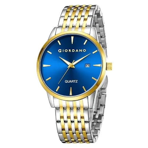 Giordano Analog Quartz Watch for Men with Blue Sunray Dial, Gold-Tone Hands & Hour Markers, Date Display, Stainless Steel Strap and 3 ATM Water Resistant