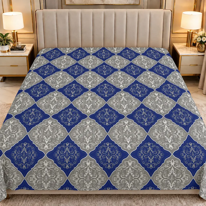 DREAM  LIVING Microfiber Double Flat 110 TC Printed 1 Bedsheet (Blue,Grey)