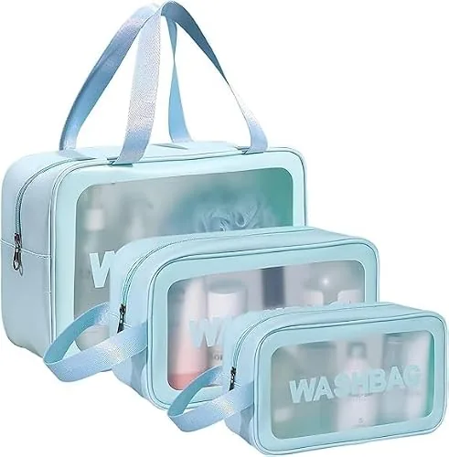LUMONY® Makeup Pouch Bag PVC Travel Toiletries Organizer Cosmetic Bags Wash Bag Pouch for Travel Kit Toiletry Bag Portable Organizer Case Carry Pouch for Women Bathroom Set of 3 (Blue-Colors)