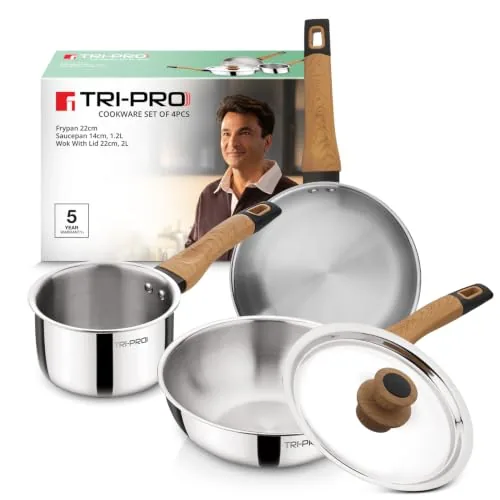 Bergner Tripro Triply 4 Pcs Cookware Set - Frypan 22cm, Saucepan 14cm (1.2L), Wok with Stainless Steel Lid 22cm (2L), Sturdy Wooden Handle, Less Oil, Healthy Cooking - Induction and Gas Stove Ready