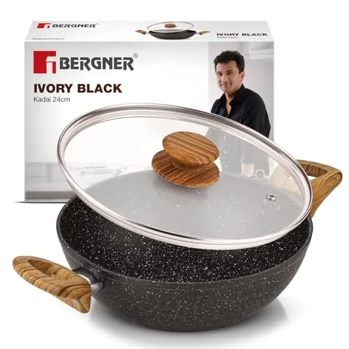 Bergner Ivory Black Granite Non-Stick 24cm (2.5L) Kadai with Glass Lid, 3-Layer Marble Healthy Non-Stick Coating, Forged Aluminium, Soft Touch Handles, PFOA Free, Induction and Gas Stove Ready - Black