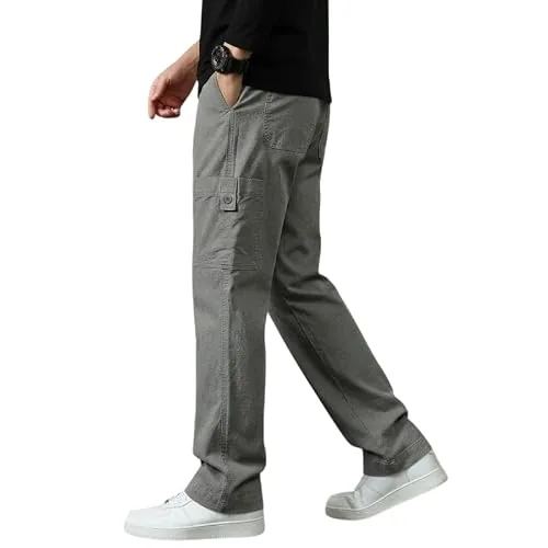 SMOWKLY Men’s Cotton Cargo Pants|Casual Trousers for Men|Comfortable Lower for Men|Pants for Man with 6 Pockets & Drawstring Elastic Waistband|Outdoor Trousers (1685_Gry_32) Grey