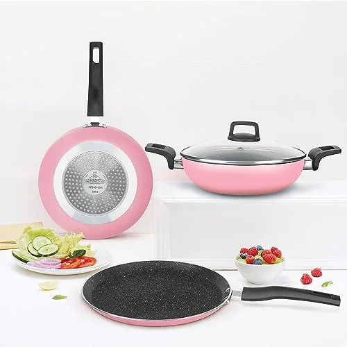 Borosil Festive Glory Nonstick Set of 4 Dosa Tawa (25 cm), Kadhai (24 cm), Fry Pan (24 cm) & Lid, Gas Stove & Induction Compatible, Metal Spoon Friendly, Stir Fry Pan, Tava, Kadai for Deep Fry, Pink