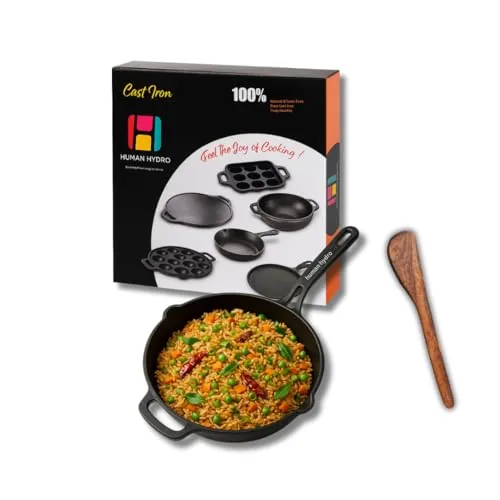 Human Hydro Pre-Seasoned Cast Iron Fry Pan (24CM) with Wooden Spatula | Naturally Nonstick, Induction & Gas Compatible | Heavy-Duty Skillet for Frying, Searing, Omelets & Stir-Frying