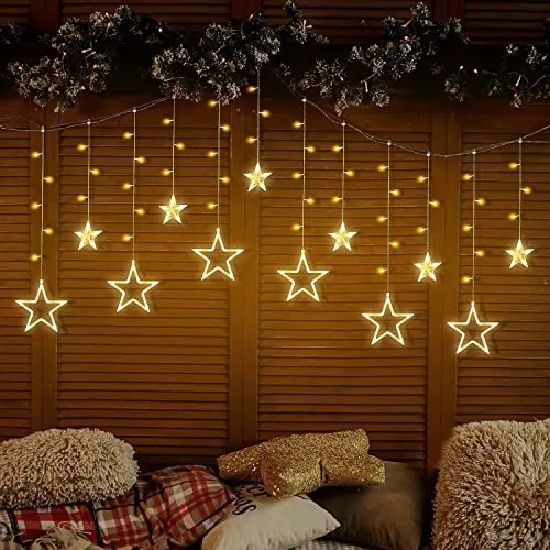 Lexton Star Curtain Light | 6 Big Star 6 Small Star Light | with 8 Flashing Modes | 12 Stars | Warm White | for Indoor & Outdoor Decorations