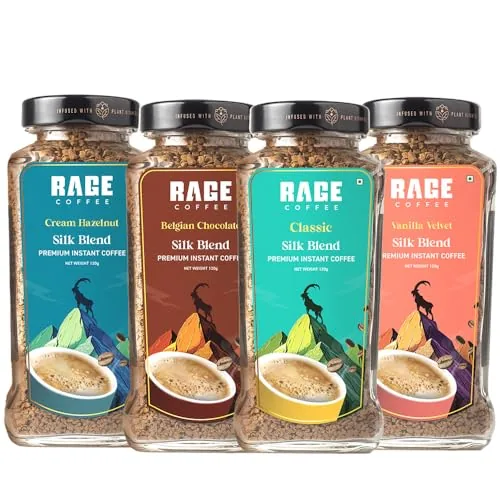 Rage Coffee Silk Blend Instant Coffee Combo Pack of 4 | Classic, Belgian Chocolate, Creamy Hazelnut & Vanilla Velvet | Premium Bold & Smooth Flavors | 120g Each Jar | 100% Arabica | Hot & Cold Brew - 480g