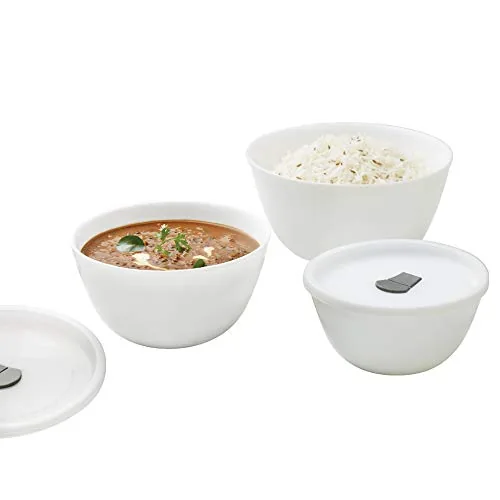 Larah by BOROSIL Opalware Serving Bowl Set with Lid | Microwave & Dishwasher Safe | Bone-Ash Free | Crockery Set for Dining & Gifting | White (500ml + 750ml + 1L)