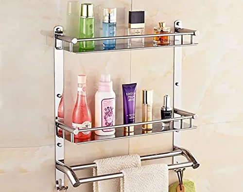 HANDY Self Adhasive Bathroom Accessories Set Stainless Steel 3 Layer Bathroom Shelf | Towel Holder Multipurpose Wall Mount | No-Drill Bathroom Organiser Towel Racks with Hook (16x5x17 inch)