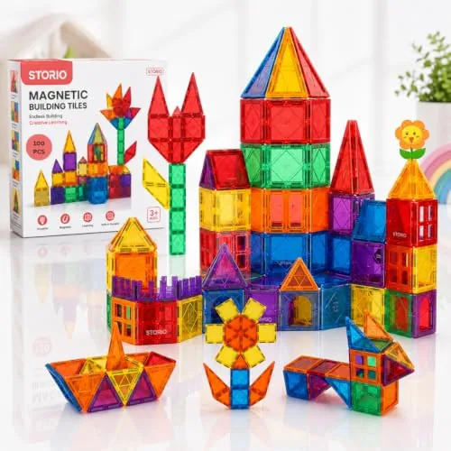 Storio 100 Pieces Magnetic Tiles Magnet for Girls Boys Sensory Magnetic Blocks Building Toys for Kids Preschool Learning Montessori Toy for 3 Year Old Toddler Age 3 to 8 (Multi 100 Magnetic Tiles)