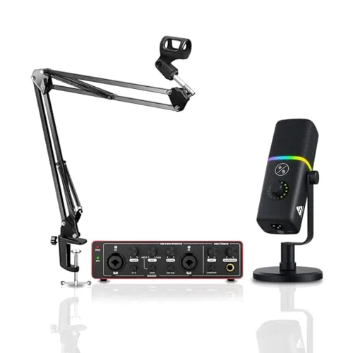 Audio Array RGB Podcast Bundle | Dynamic RGB USB/XLR Mic with 24-Bit/192kHz Audio Interface & Boom Arm | AI Noise Cancelling, Plug & Play Kit for Streaming, Podcasting, Gaming & Recording - PB-07