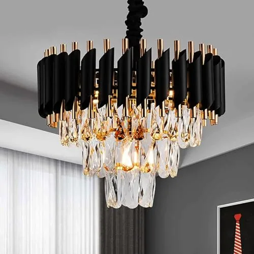 DREAMY DESIGNS Chandelier Lights for Ceiling Black Gold 400 MM 3-Tier Crystal Chandeliers for Living Room with 3 Mode LED Light Plate for Hall Modern Jhumar Designer Bedroom and Dining Room