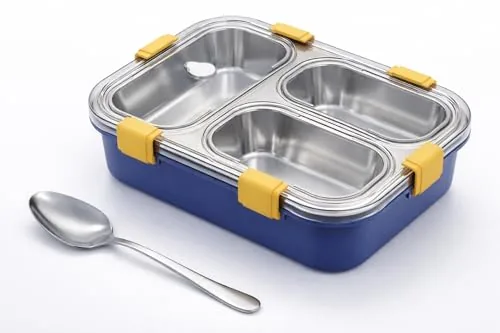 Umadiya® 3 Compartment Lunch Box Insulated Air Tight BPA Free Lunch Box, Stainless Steel 100% Leak Proof Lunch Containers with a Fork, a Spoon and a Pair of Chopsticks for School Kids -750Ml (Blue)