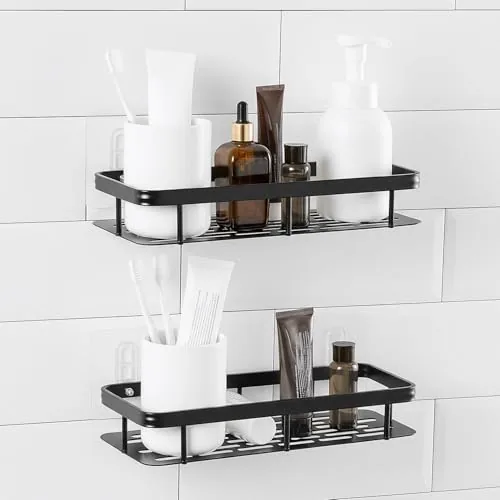 Amazon Basics Self-Adhesive Aluminium Bathroom Wall Shelf | Water-Resistant | Pack of 2 | Tool-Free Installation | Black | 30D x 13W x 5.5H cm